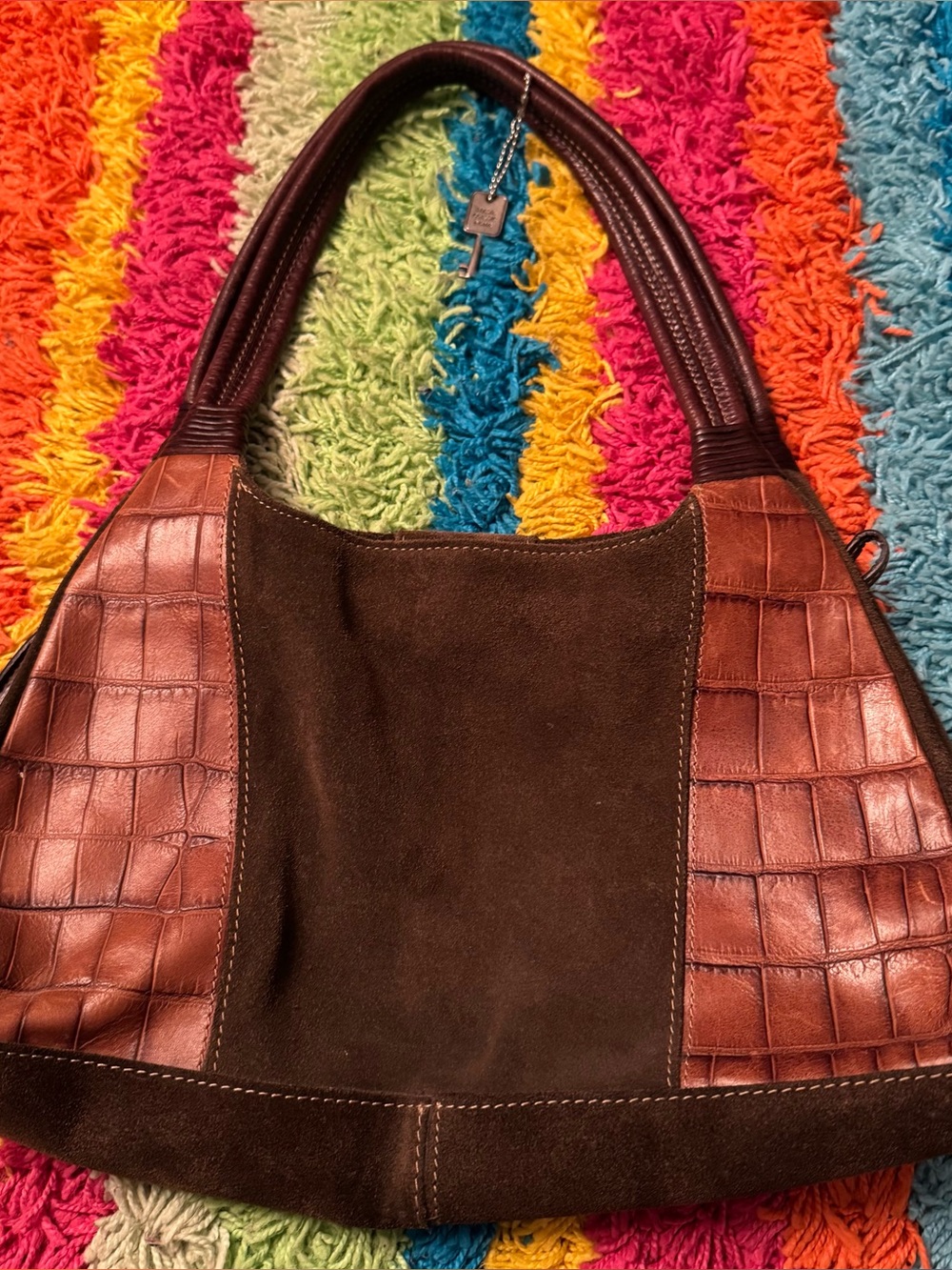 Fossil Brown Suede and Croc-Embossed Leather Shoulder Bag
